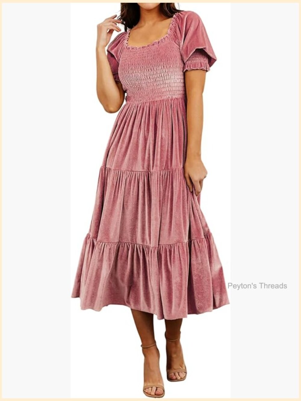 Velvet Puff Sleeve Square Neck Smocked Tiered Ruffle A-Line Flowy Midi Dress